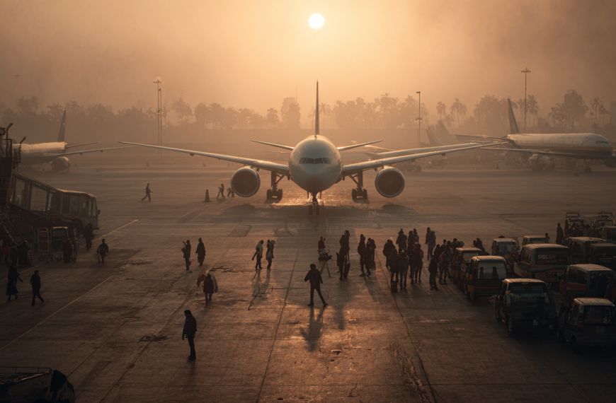 The image shows an airport tarmac at sunrise or sunset, with a large airplane parked in the center. The sun is low in the sky, casting a warm glow over the scene. Several people are walking around the tarmac, and there are vehicles and equipment visible on the right side. The background features silhouettes of trees and other aircraft.