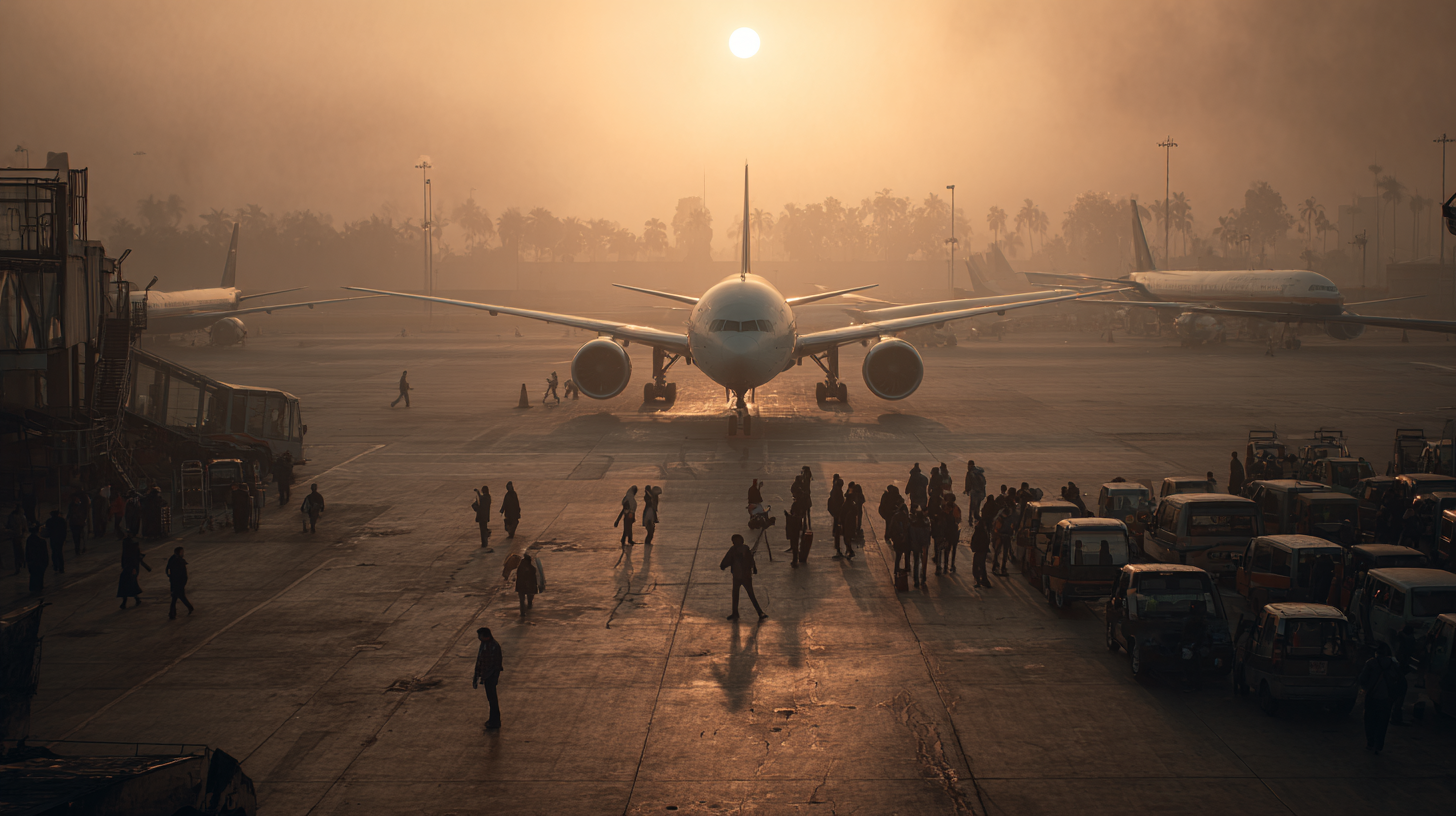 The image shows an airport tarmac at sunrise or sunset, with a large airplane parked in the center. The sun is low in the sky, casting a warm glow over the scene. Several people are walking around the tarmac, and there are vehicles and equipment visible on the right side. The background features silhouettes of trees and other aircraft.