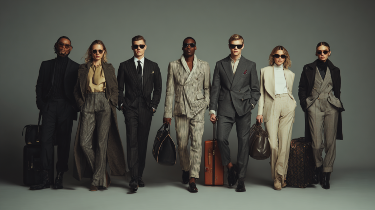 A group of seven people, four men and three women, are standing in a line against a plain background. They are all dressed in stylish, tailored suits and wearing sunglasses. Each person is holding or standing next to luggage, suggesting a travel theme. The overall look is sophisticated and fashionable.