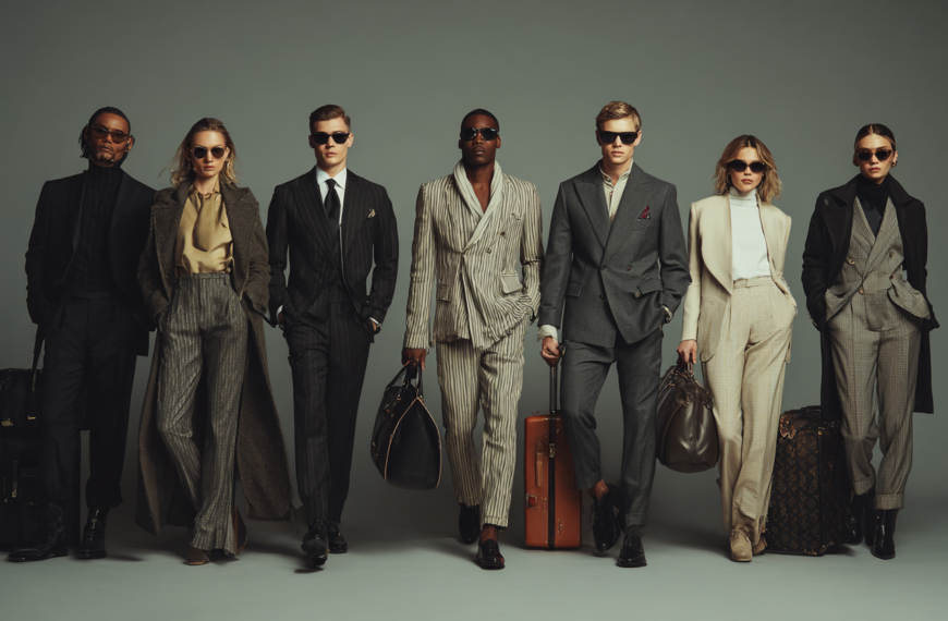 A group of seven people, four men and three women, are standing in a line against a plain background. They are all dressed in stylish, tailored suits and wearing sunglasses. Each person is holding or standing next to luggage, suggesting a travel theme. The overall look is sophisticated and fashionable.