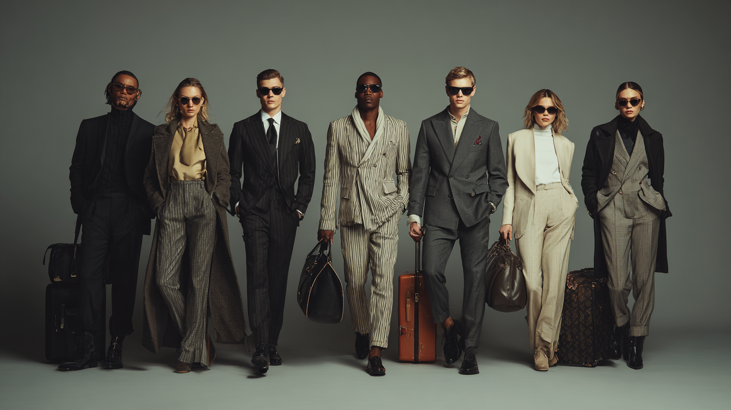 A group of seven people, four men and three women, are standing in a line against a plain background. They are all dressed in stylish, tailored suits and wearing sunglasses. Each person is holding or standing next to luggage, suggesting a travel theme. The overall look is sophisticated and fashionable.