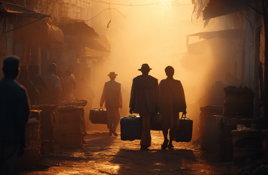 A group of people is walking down a narrow, dimly lit street at sunset. They are carrying suitcases and wearing hats and coats. The street is lined with market stalls and baskets, and the scene is bathed in a warm, golden light, creating a silhouette effect. The atmosphere is bustling yet serene.