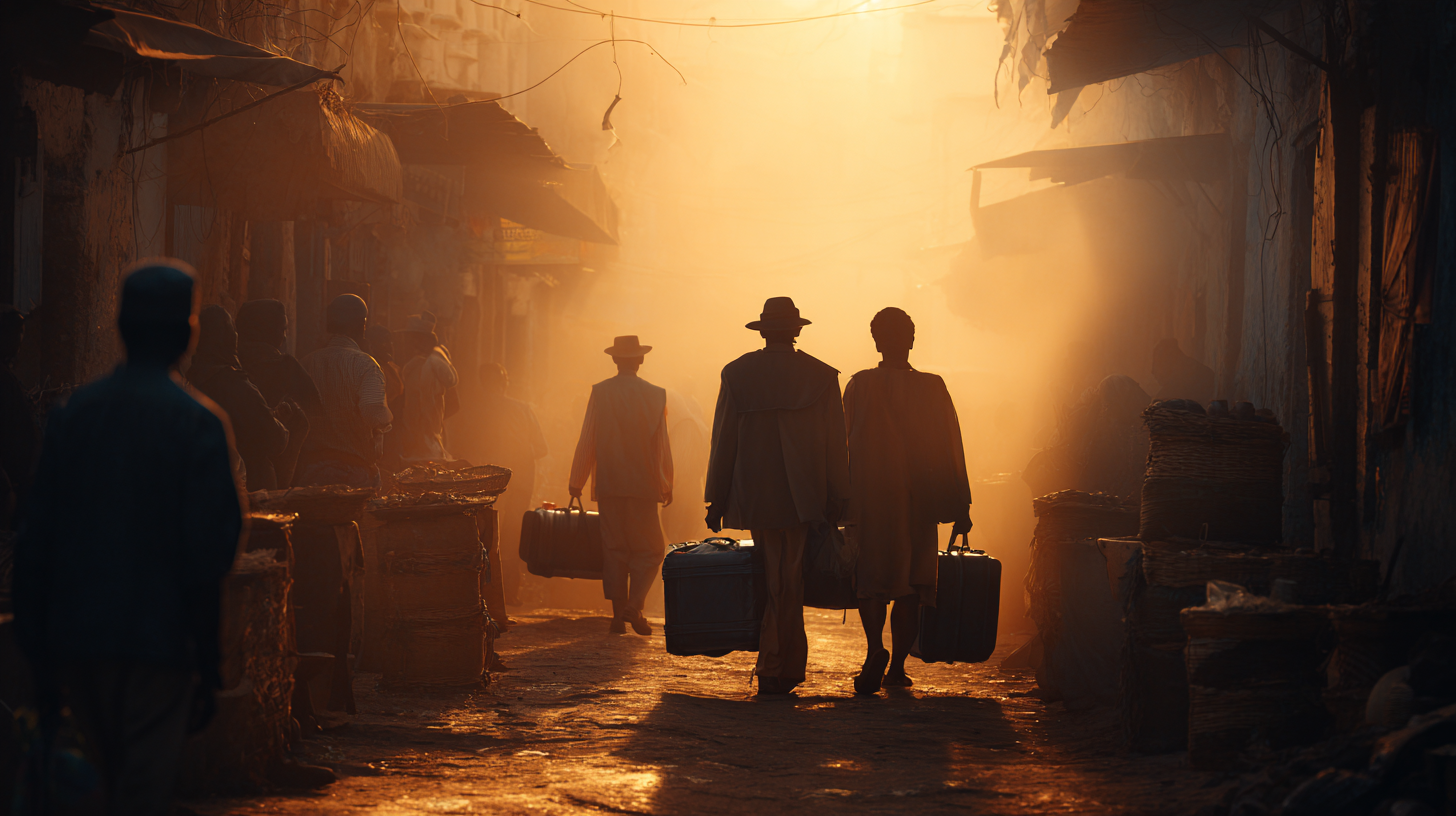 A group of people is walking down a narrow, dimly lit street at sunset. They are carrying suitcases and wearing hats and coats. The street is lined with market stalls and baskets, and the scene is bathed in a warm, golden light, creating a silhouette effect. The atmosphere is bustling yet serene.