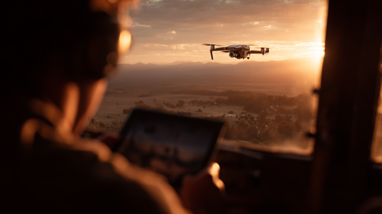 A person is controlling a drone with a tablet from inside a vehicle. The drone is flying outside during a sunset, with a scenic view of fields and distant mountains in the background. The warm glow of the sunset illuminates the scene.
