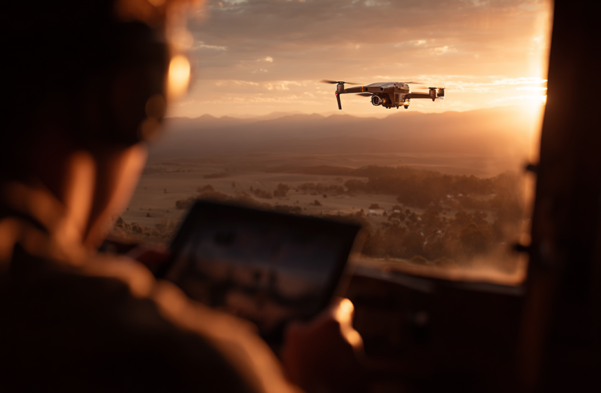 A person is controlling a drone with a tablet from inside a vehicle. The drone is flying outside during a sunset, with a scenic view of fields and distant mountains in the background. The warm glow of the sunset illuminates the scene.