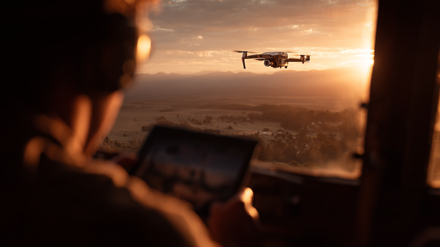 A person is controlling a drone with a tablet from inside a vehicle. The drone is flying outside during a sunset, with a scenic view of fields and distant mountains in the background. The warm glow of the sunset illuminates the scene.