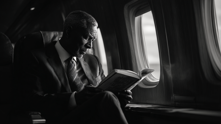 A black and white image of a man in a suit sitting in an airplane seat, reading a book. The light from the window illuminates his face and the pages of the book. The scene conveys a sense of calm and focus.
