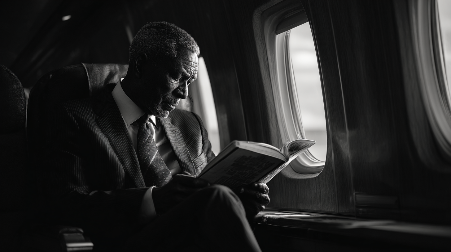 A black and white image of a man in a suit sitting in an airplane seat, reading a book. The light from the window illuminates his face and the pages of the book. The scene conveys a sense of calm and focus.