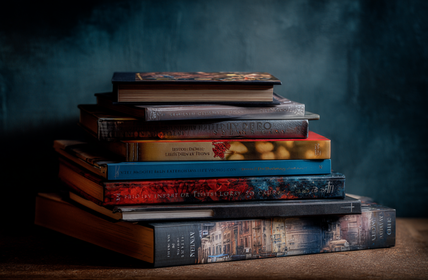 A stack of various hardcover books is arranged on a wooden surface against a dark, textured background. The books are of different colors and sizes, with some titles visible on the spines. The lighting creates a moody and atmospheric effect.
