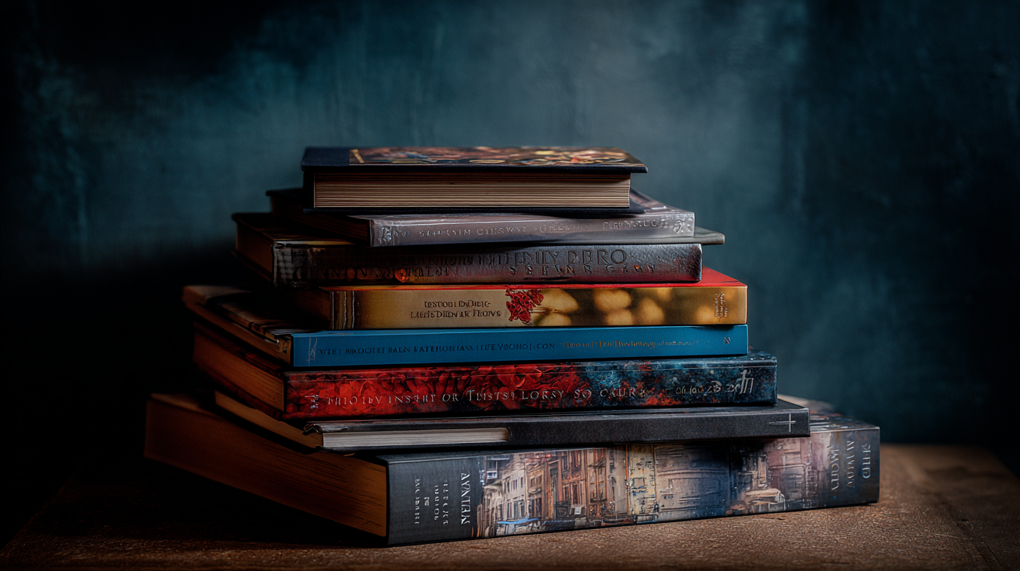 A stack of various hardcover books is arranged on a wooden surface against a dark, textured background. The books are of different colors and sizes, with some titles visible on the spines. The lighting creates a moody and atmospheric effect.