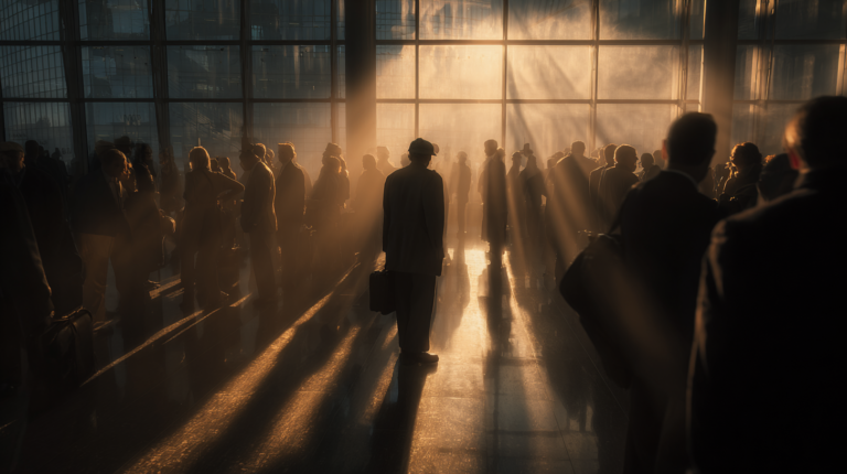 A group of people is standing in a large, open space with a high ceiling and large windows. The sunlight streams through the windows, casting long shadows and creating a dramatic, warm glow. The people appear to be in a busy environment, possibly a train station or airport, with some carrying bags or briefcases. The scene has a cinematic feel due to the lighting and composition.