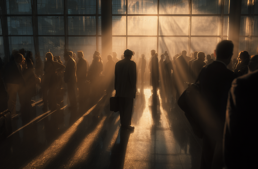 A group of people is standing in a large, open space with a high ceiling and large windows. The sunlight streams through the windows, casting long shadows and creating a dramatic, warm glow. The people appear to be in a busy environment, possibly a train station or airport, with some carrying bags or briefcases. The scene has a cinematic feel due to the lighting and composition.