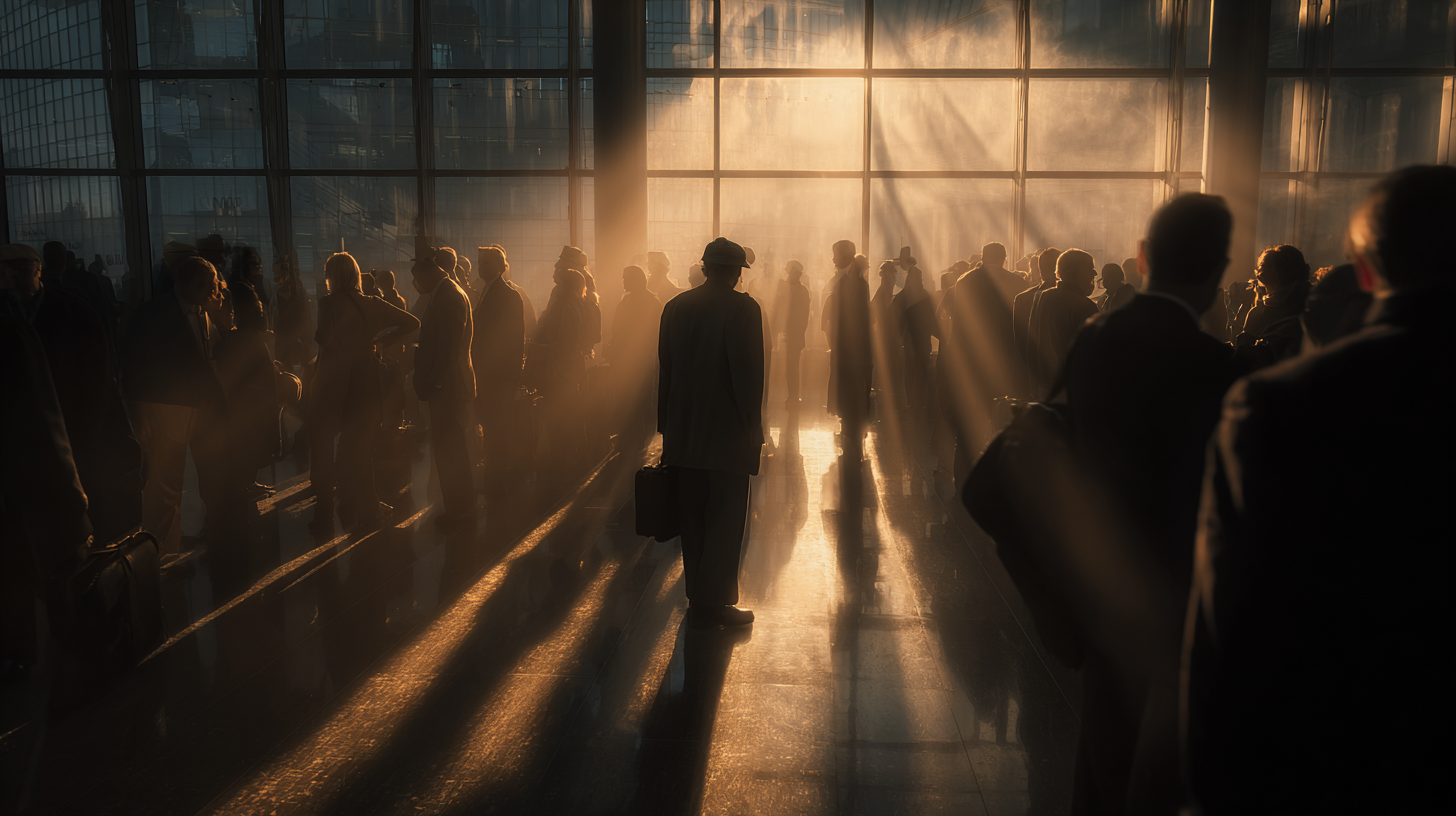 A group of people is standing in a large, open space with a high ceiling and large windows. The sunlight streams through the windows, casting long shadows and creating a dramatic, warm glow. The people appear to be in a busy environment, possibly a train station or airport, with some carrying bags or briefcases. The scene has a cinematic feel due to the lighting and composition.