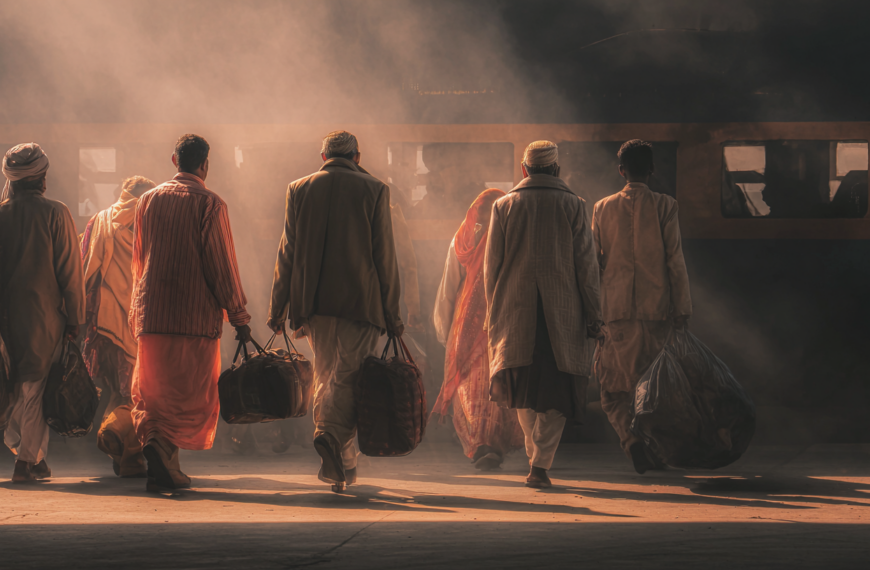 A group of people dressed in traditional clothing are walking towards a train on a platform. They are carrying bags and are backlit by a warm, diffused light, creating a dramatic and atmospheric scene. The train is partially visible in the background.