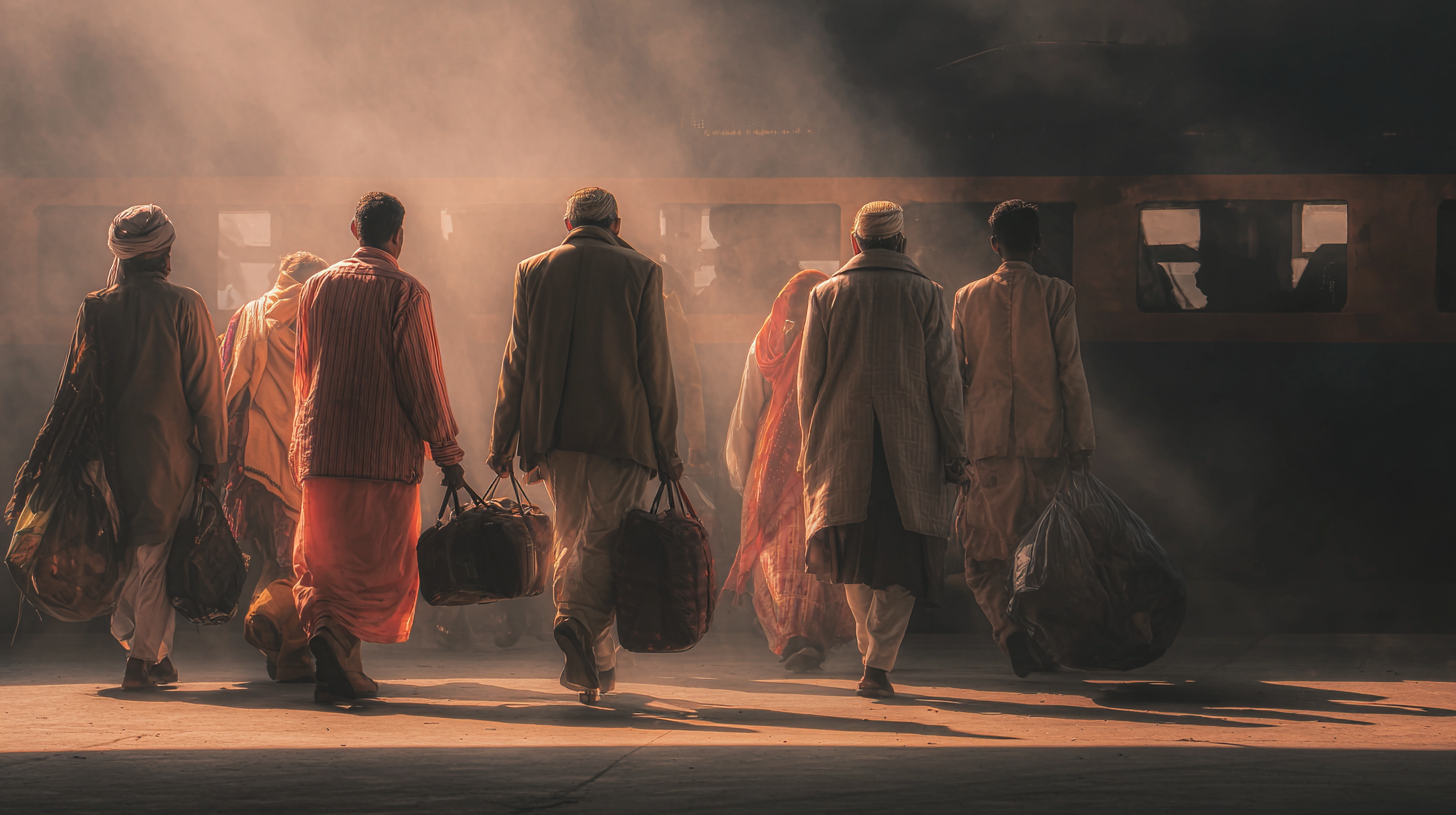 A group of people dressed in traditional clothing are walking towards a train on a platform. They are carrying bags and are backlit by a warm, diffused light, creating a dramatic and atmospheric scene. The train is partially visible in the background.
