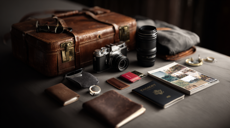 The image shows a collection of travel-related items arranged on a surface. There is a vintage leather suitcase, a camera with a lens, an additional camera lens, a pair of sunglasses, a watch, a passport, a small notebook, a wallet, a set of keys, and a stack of photographs. The items are neatly organized, suggesting preparation for a trip.