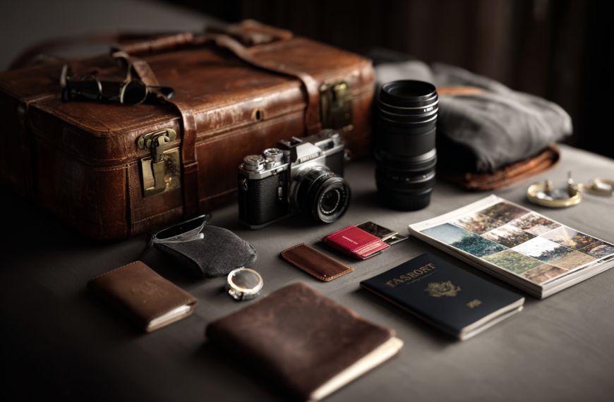 The image shows a collection of travel-related items arranged on a surface. There is a vintage leather suitcase, a camera with a lens, an additional camera lens, a pair of sunglasses, a watch, a passport, a small notebook, a wallet, a set of keys, and a stack of photographs. The items are neatly organized, suggesting preparation for a trip.