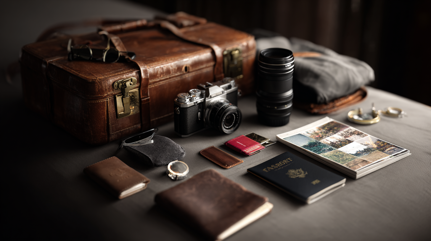 The image shows a collection of travel-related items arranged on a surface. There is a vintage leather suitcase, a camera with a lens, an additional camera lens, a pair of sunglasses, a watch, a passport, a small notebook, a wallet, a set of keys, and a stack of photographs. The items are neatly organized, suggesting preparation for a trip.