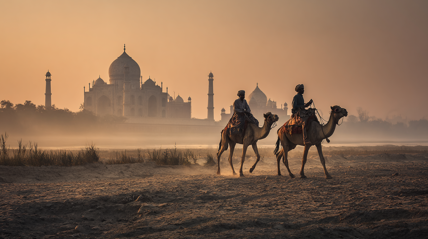 Two people riding camels on a sandy terrain with the Taj Mahal in the background. The scene is set during sunrise or sunset, casting a warm glow over the landscape. The sky is a gradient of orange and the area is slightly misty, adding a serene and atmospheric quality to the image.