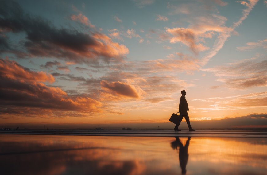 A silhouette of a person walking with a suitcase against a vibrant sunset sky. The sky is filled with orange and pink clouds, and the ground reflects the colors, creating a serene and dramatic scene.