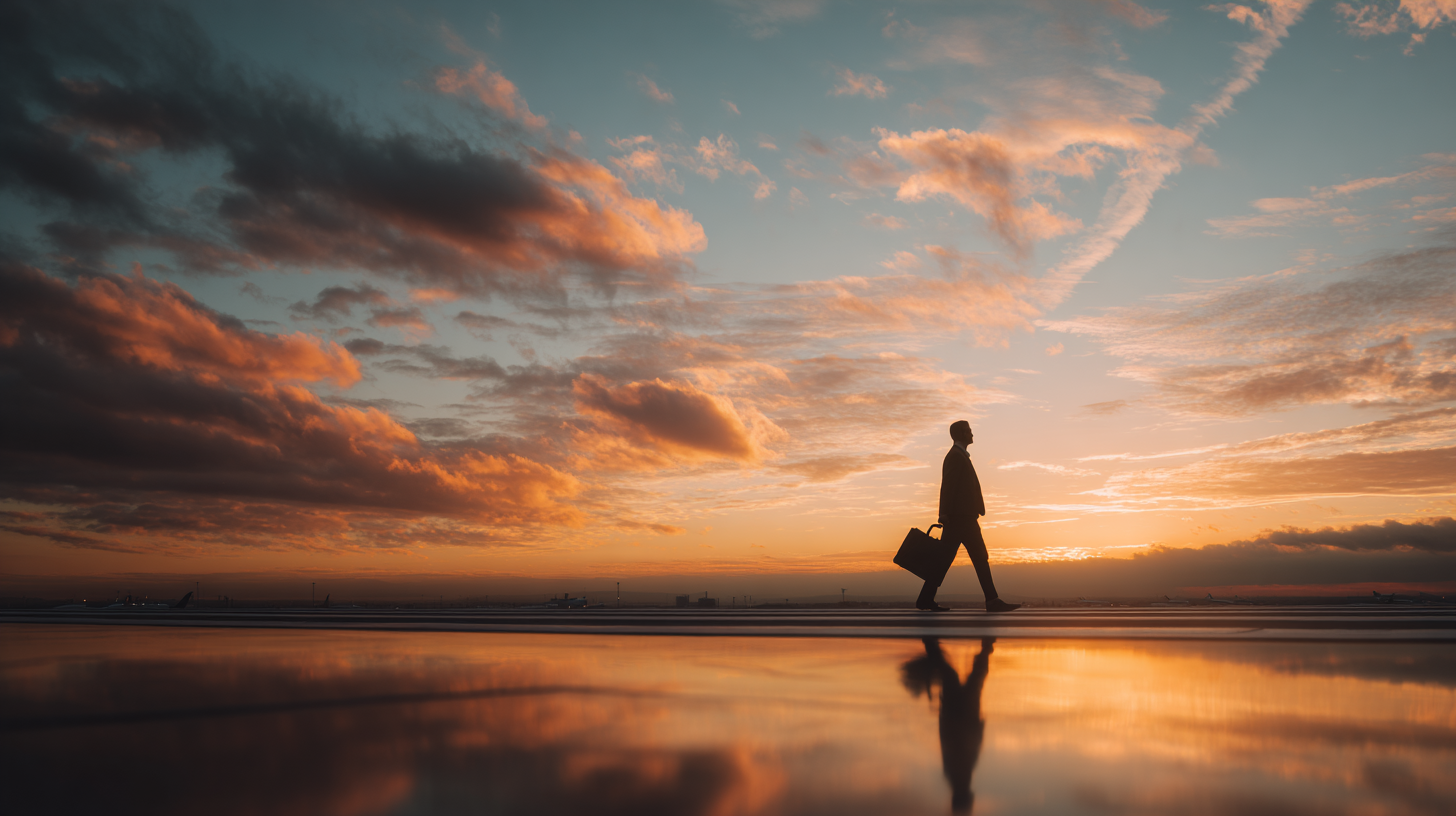 A silhouette of a person walking with a suitcase against a vibrant sunset sky. The sky is filled with orange and pink clouds, and the ground reflects the colors, creating a serene and dramatic scene.