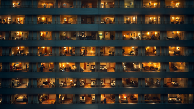 The image shows the exterior of a multi-story building at night, with several floors visible. Each floor has multiple rooms with large windows, through which warm, yellow lighting can be seen. The rooms appear to be hotel rooms or apartments, with visible furniture such as beds, tables, and chairs. Some rooms have people inside, engaged in various activities. The overall atmosphere is cozy and illuminated.