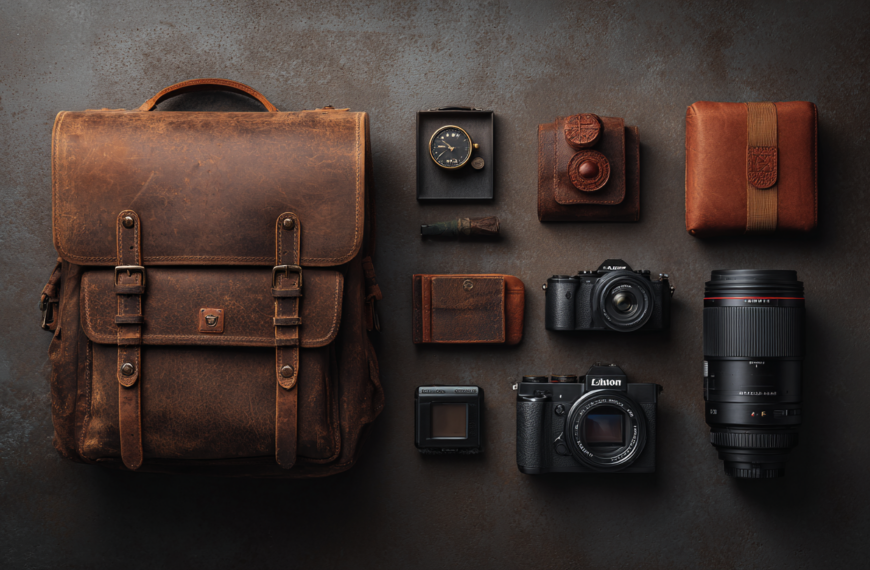 The image shows a collection of vintage-style photography and travel items arranged neatly on a textured surface. On the left is a large brown leather backpack. To the right of the backpack are various items including a small clock, a leather pouch, a rolled-up item, a wallet, a camera, a camera lens, and a film slide. The items are organized in a grid-like pattern, emphasizing a rustic and classic aesthetic.