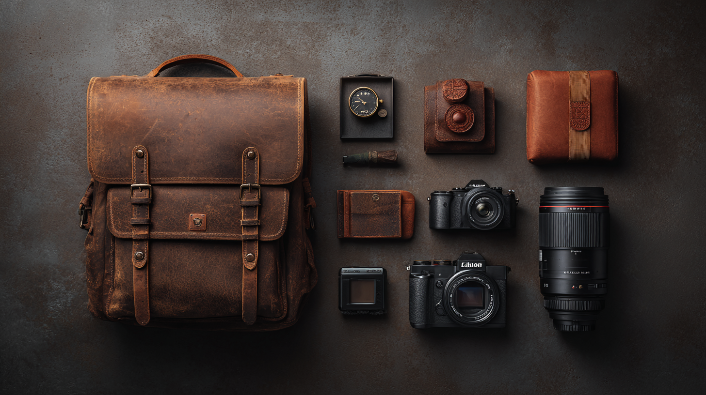The image shows a collection of vintage-style photography and travel items arranged neatly on a textured surface. On the left is a large brown leather backpack. To the right of the backpack are various items including a small clock, a leather pouch, a rolled-up item, a wallet, a camera, a camera lens, and a film slide. The items are organized in a grid-like pattern, emphasizing a rustic and classic aesthetic.