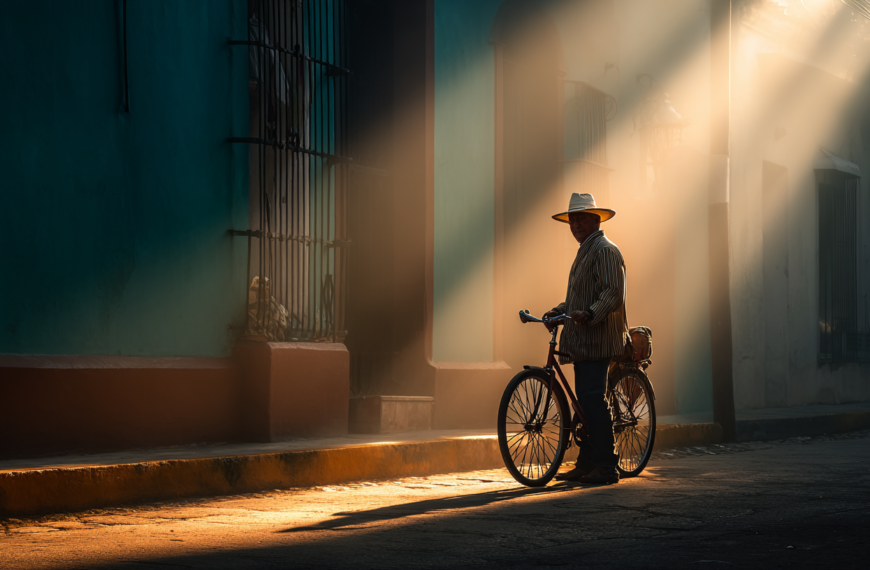 A person wearing a hat and striped shirt stands with a bicycle on a dimly lit street. Sunlight streams through the scene, casting dramatic shadows on the ground and illuminating the person and the building facade. The atmosphere is calm and serene.