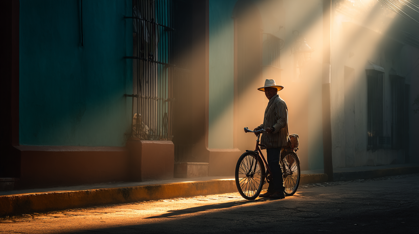 A person wearing a hat and striped shirt stands with a bicycle on a dimly lit street. Sunlight streams through the scene, casting dramatic shadows on the ground and illuminating the person and the building facade. The atmosphere is calm and serene.