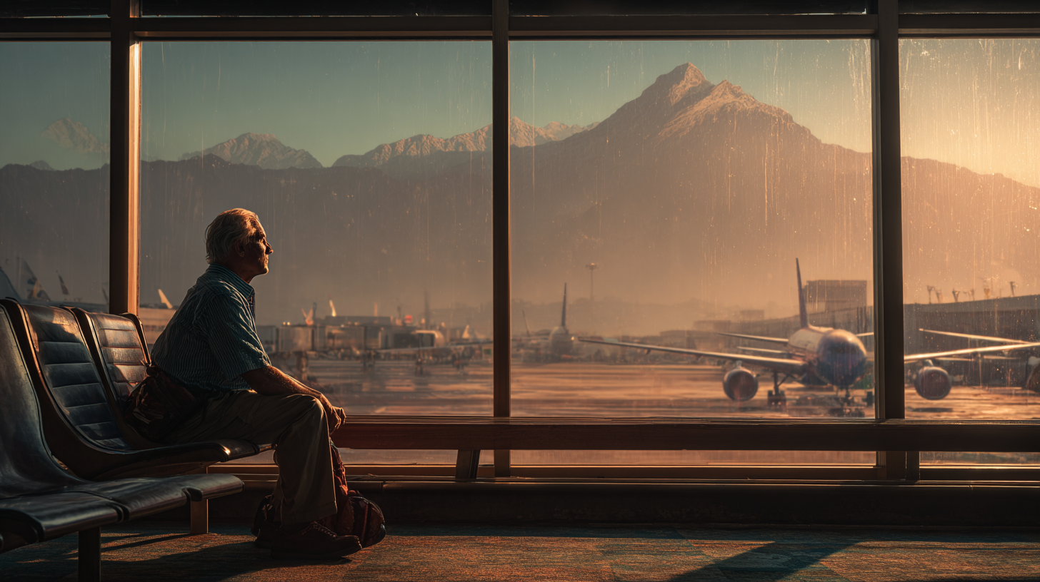 A person is sitting on a bench in an airport terminal, gazing out of a large window. Outside, an airplane is parked on the tarmac, and in the background, there are majestic mountains illuminated by the warm glow of the setting or rising sun. The scene conveys a sense of contemplation and travel.