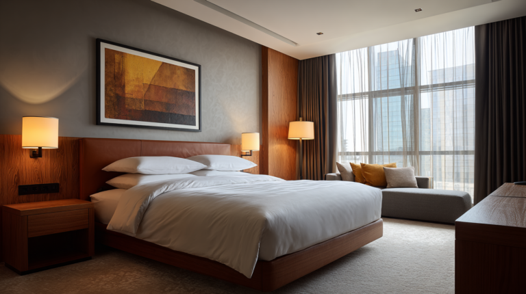 A modern hotel room with a large bed featuring white linens and multiple pillows. The room has wooden furniture, including a headboard and bedside tables with lamps. A large abstract painting hangs above the bed. There is a gray chaise lounge with yellow and beige cushions near a large window with sheer curtains, allowing natural light to fill the room.