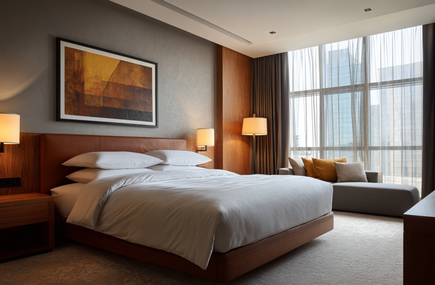 A modern hotel room with a large bed featuring white linens and multiple pillows. The room has wooden furniture, including a headboard and bedside tables with lamps. A large abstract painting hangs above the bed. There is a gray chaise lounge with yellow and beige cushions near a large window with sheer curtains, allowing natural light to fill the room.