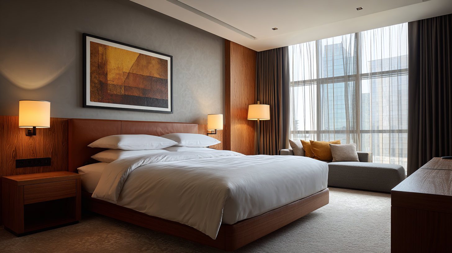 A modern hotel room with a large bed featuring white linens and multiple pillows. The room has wooden furniture, including a headboard and bedside tables with lamps. A large abstract painting hangs above the bed. There is a gray chaise lounge with yellow and beige cushions near a large window with sheer curtains, allowing natural light to fill the room.