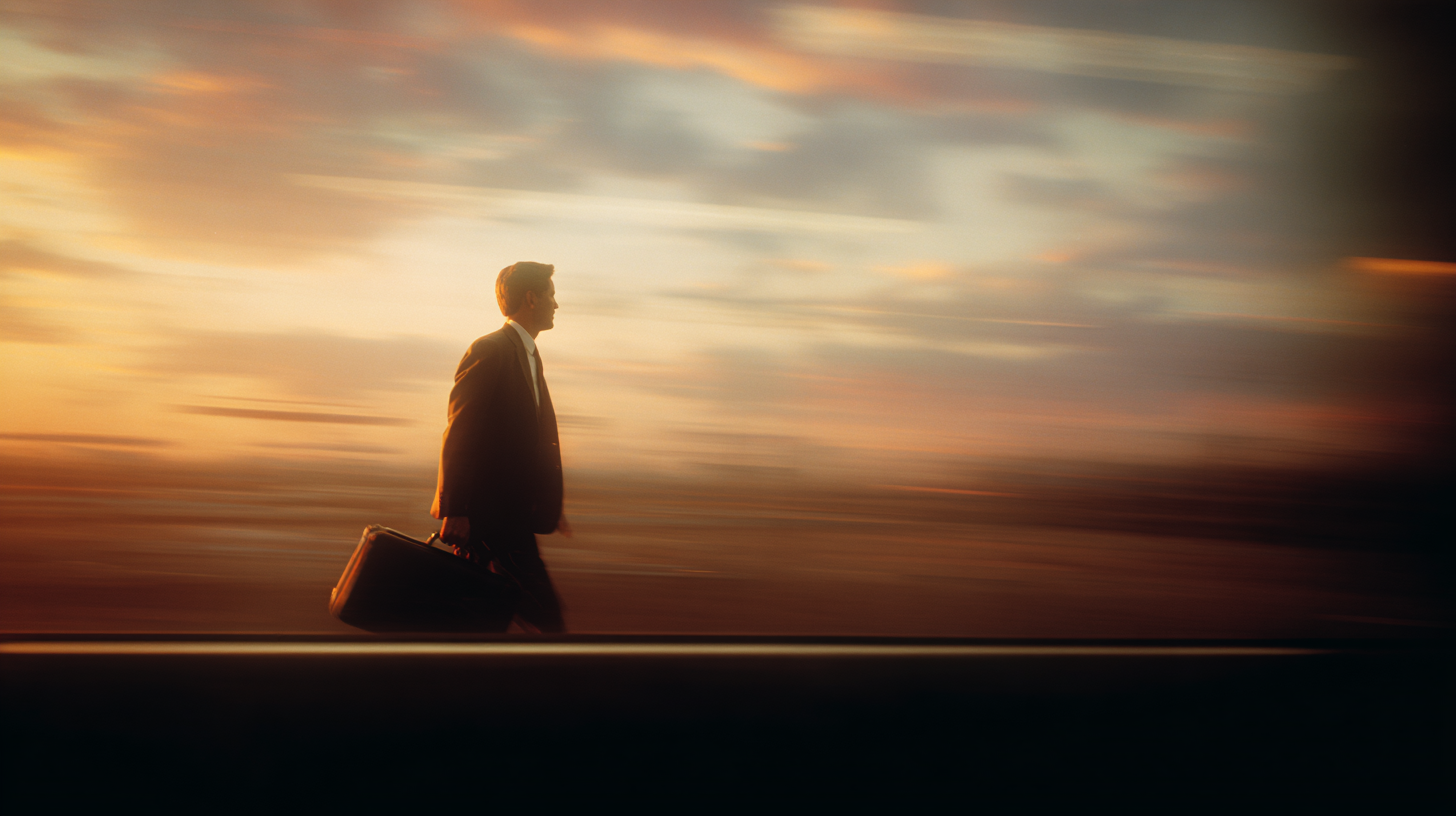 A man in a suit is walking briskly while carrying a briefcase. The background is a blurred sunset sky, creating a sense of motion and urgency.