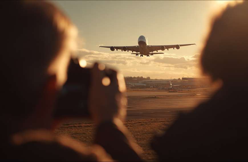 A large airplane is approaching for landing at an airport during sunset. The sky is filled with clouds, and the sun casts a warm glow over the scene. In the foreground, two people are silhouetted, one of whom is holding a camera, capturing the moment.