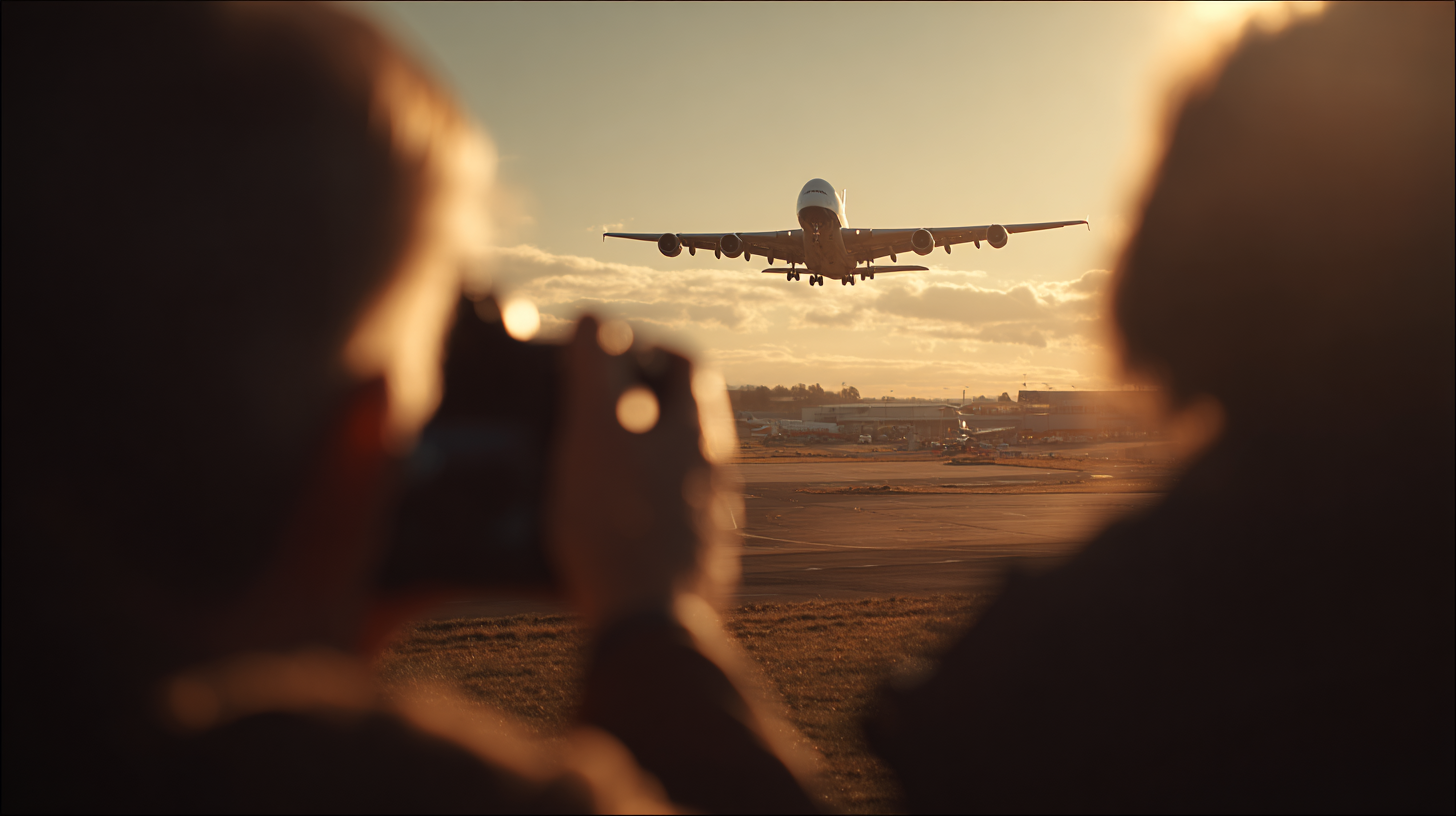 A large airplane is approaching for landing at an airport during sunset. The sky is filled with clouds, and the sun casts a warm glow over the scene. In the foreground, two people are silhouetted, one of whom is holding a camera, capturing the moment.