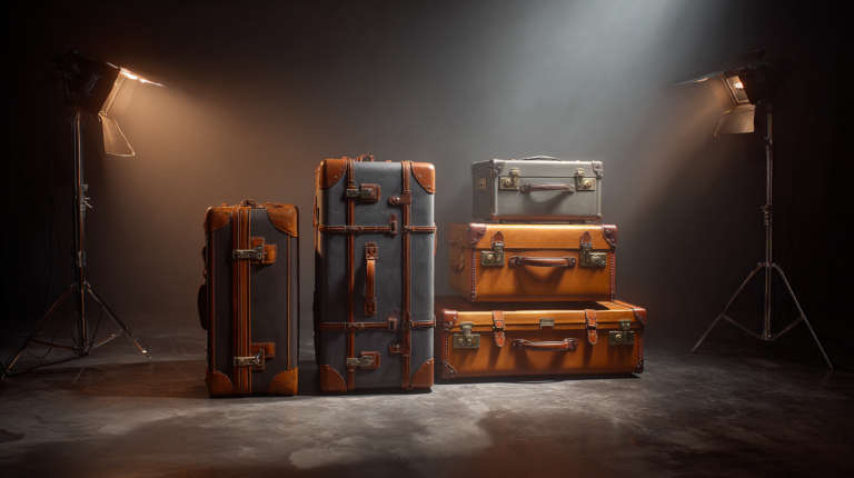 A collection of vintage-style suitcases is arranged on a studio floor, illuminated by two spotlights. The suitcases vary in size and are made of leather with metal clasps, featuring a mix of brown and gray colors. The background is dark, highlighting the suitcases under the warm lighting.