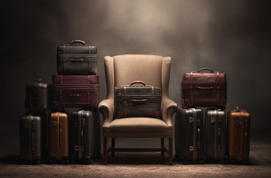 The image shows a collection of luggage and briefcases arranged around a beige armchair. There are several hard-shell suitcases in black and brown, some with wheels, positioned on the floor. On the armchair and stacked on the suitcases are leather briefcases in black and burgundy. The setting has a dark, moody background with a vintage-style rug on the floor.