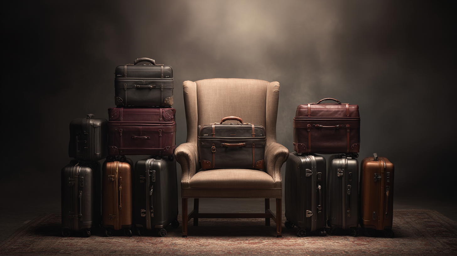The image shows a collection of luggage and briefcases arranged around a beige armchair. There are several hard-shell suitcases in black and brown, some with wheels, positioned on the floor. On the armchair and stacked on the suitcases are leather briefcases in black and burgundy. The setting has a dark, moody background with a vintage-style rug on the floor.