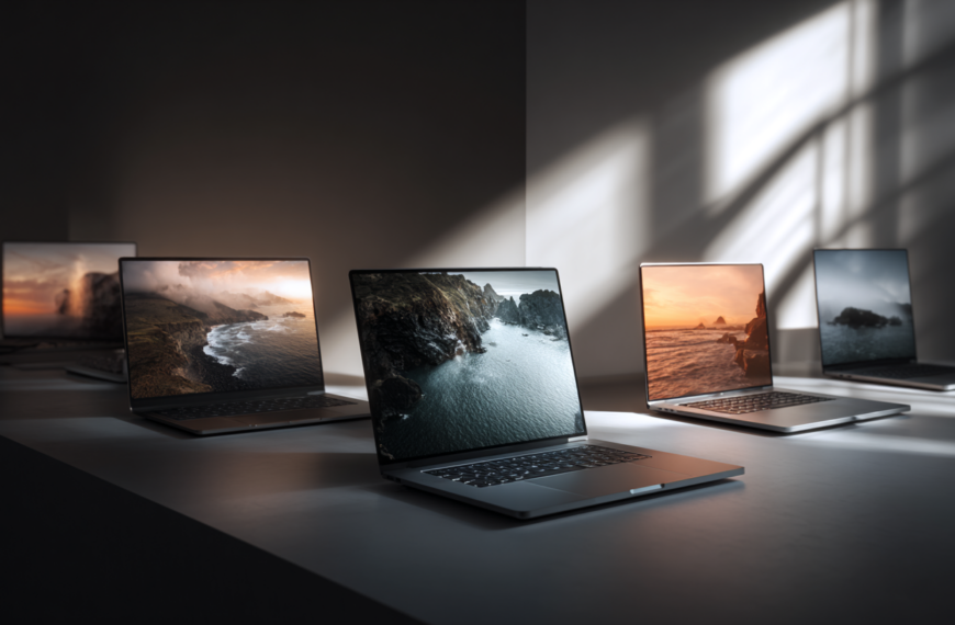 The image shows a row of five laptops on a table, each displaying different scenic landscapes on their screens. The lighting is soft, with shadows cast on the wall, creating a serene and focused atmosphere. The laptops are arranged in a staggered formation, with the central one prominently displaying a coastal scene with cliffs and water.