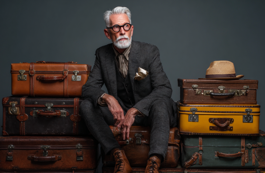 A distinguished older man with white hair and a beard is sitting among a stack of vintage suitcases. He is wearing a dark, textured suit with a striped shirt and a pocket square. He has round glasses and is looking off to the side. A straw hat is placed on one of the suitcases. The background is a plain, dark gray.