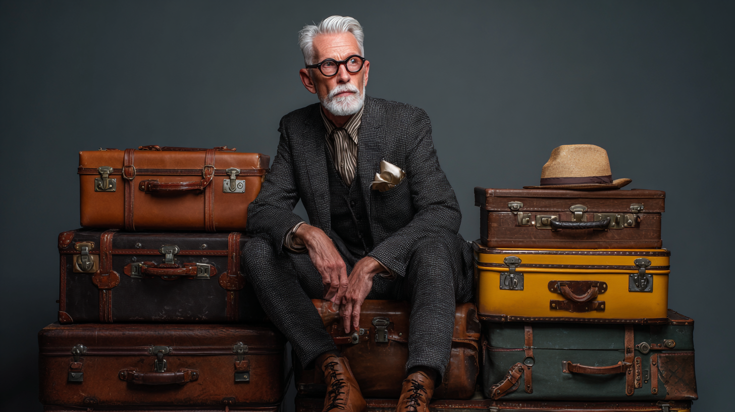 A distinguished older man with white hair and a beard is sitting among a stack of vintage suitcases. He is wearing a dark, textured suit with a striped shirt and a pocket square. He has round glasses and is looking off to the side. A straw hat is placed on one of the suitcases. The background is a plain, dark gray.