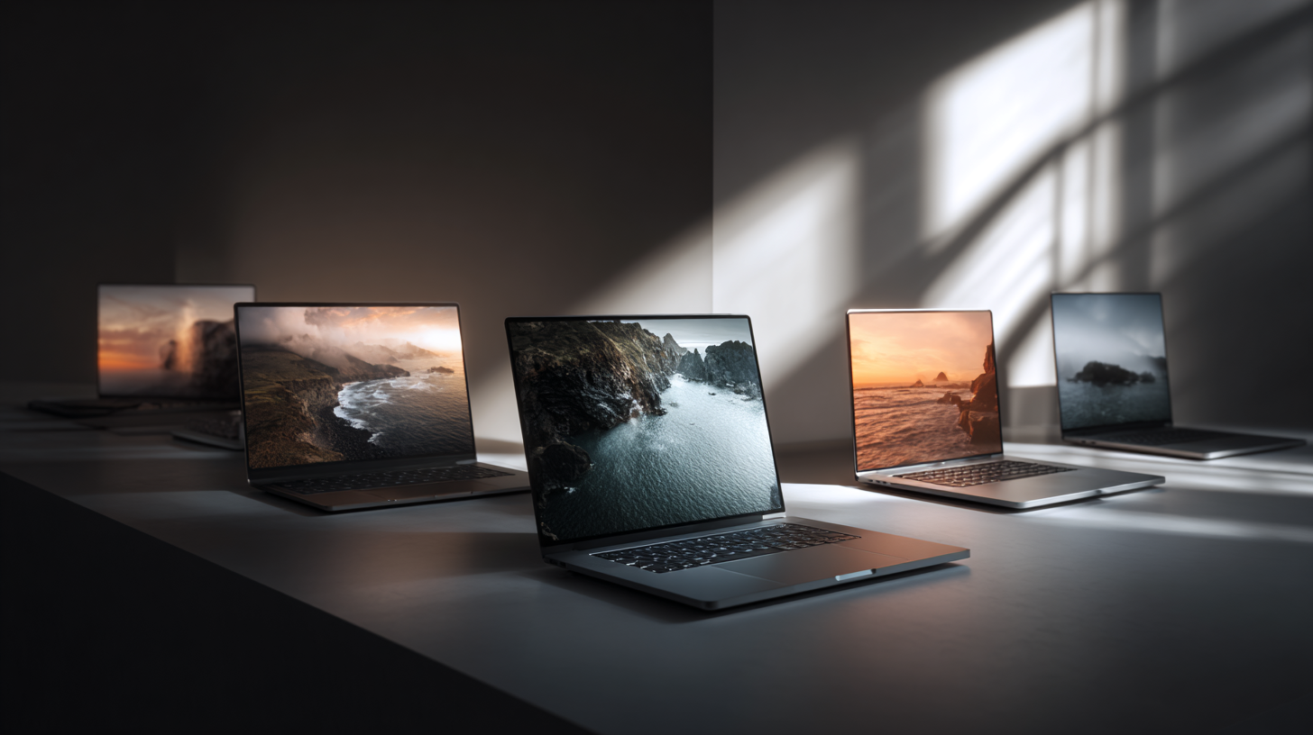 The image shows a row of five laptops on a table, each displaying different scenic landscapes on their screens. The lighting is soft, with shadows cast on the wall, creating a serene and focused atmosphere. The laptops are arranged in a staggered formation, with the central one prominently displaying a coastal scene with cliffs and water.