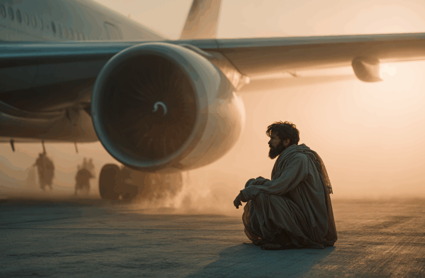 A man in traditional clothing is sitting on the ground near the engine of a large airplane. The scene is set on an airport tarmac with a hazy, dusty atmosphere. In the background, there are silhouettes of people walking away from the aircraft. The lighting suggests a sunrise or sunset, casting a warm glow over the scene.