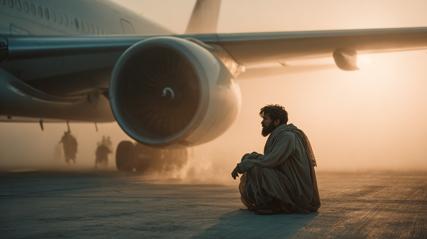 A man in traditional clothing is sitting on the ground near the engine of a large airplane. The scene is set on an airport tarmac with a hazy, dusty atmosphere. In the background, there are silhouettes of people walking away from the aircraft. The lighting suggests a sunrise or sunset, casting a warm glow over the scene.