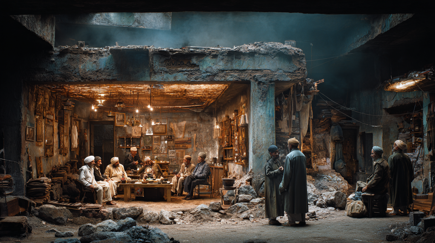 The image depicts a group of people gathered in a rustic, dimly lit room with a rough, unfinished appearance. The room is filled with various objects and decorations on the walls, and the ceiling is made of wooden beams. Several individuals are seated around a low table, engaged in conversation, while others stand nearby. The setting has an ancient, historical ambiance, with stone and rubble on the ground, suggesting a scene from a traditional or historical context.
