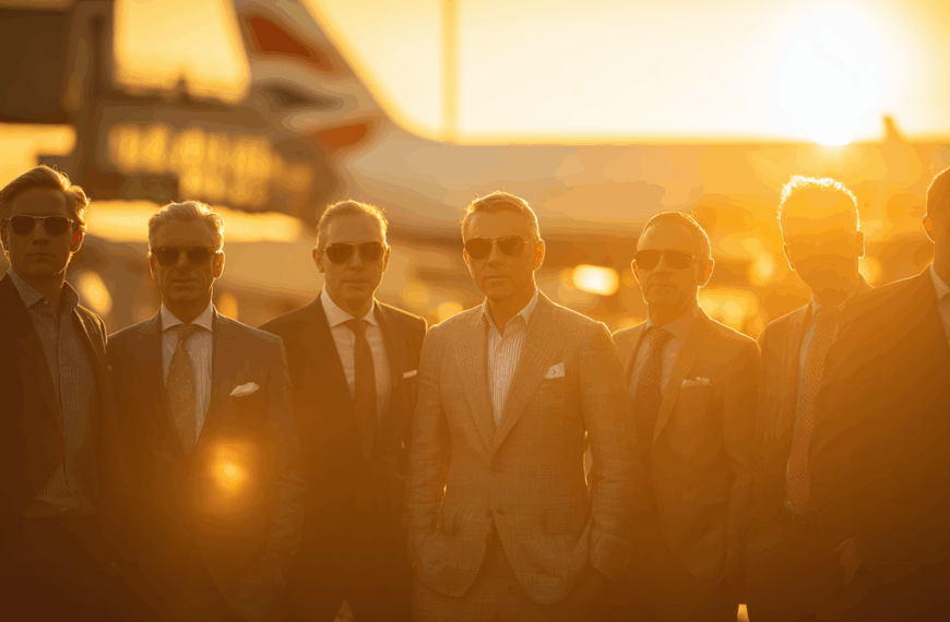 A group of seven men in suits and sunglasses stand together at an airport during sunset. The sun casts a warm, golden glow over the scene, and an airplane is visible in the background.