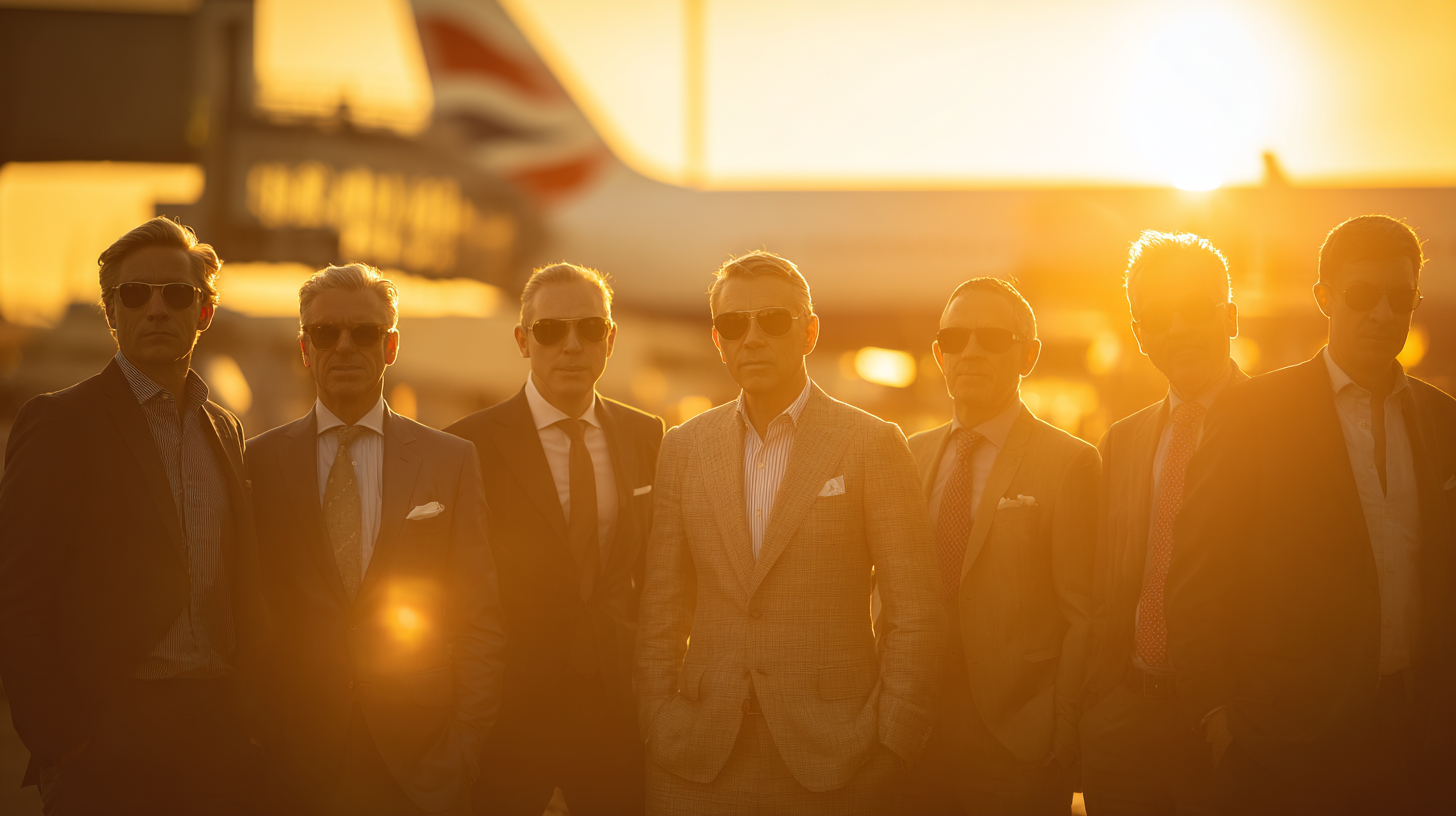 A group of seven men in suits and sunglasses stand together at an airport during sunset. The sun casts a warm, golden glow over the scene, and an airplane is visible in the background.