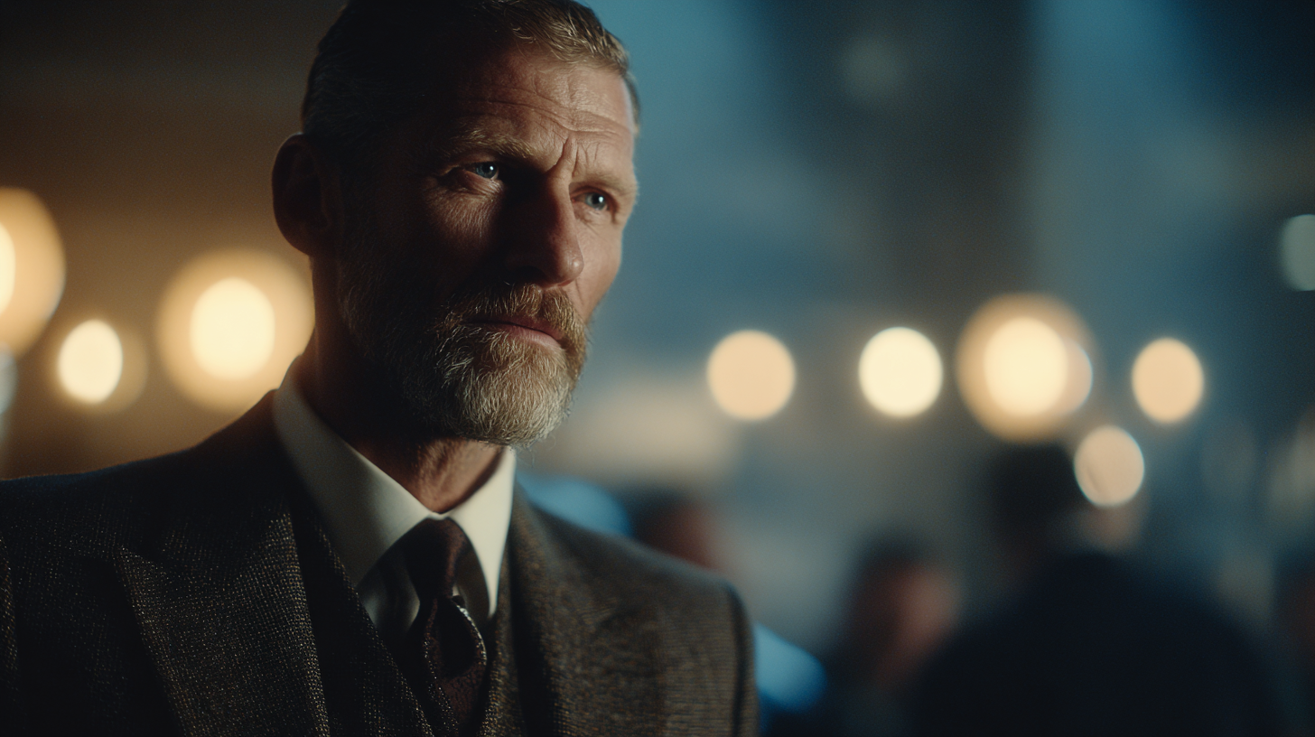 A man with a beard and mustache is wearing a suit and tie, looking contemplative. The background is softly blurred with warm, circular lights, creating a bokeh effect. The lighting is dim, giving the scene a moody atmosphere.
